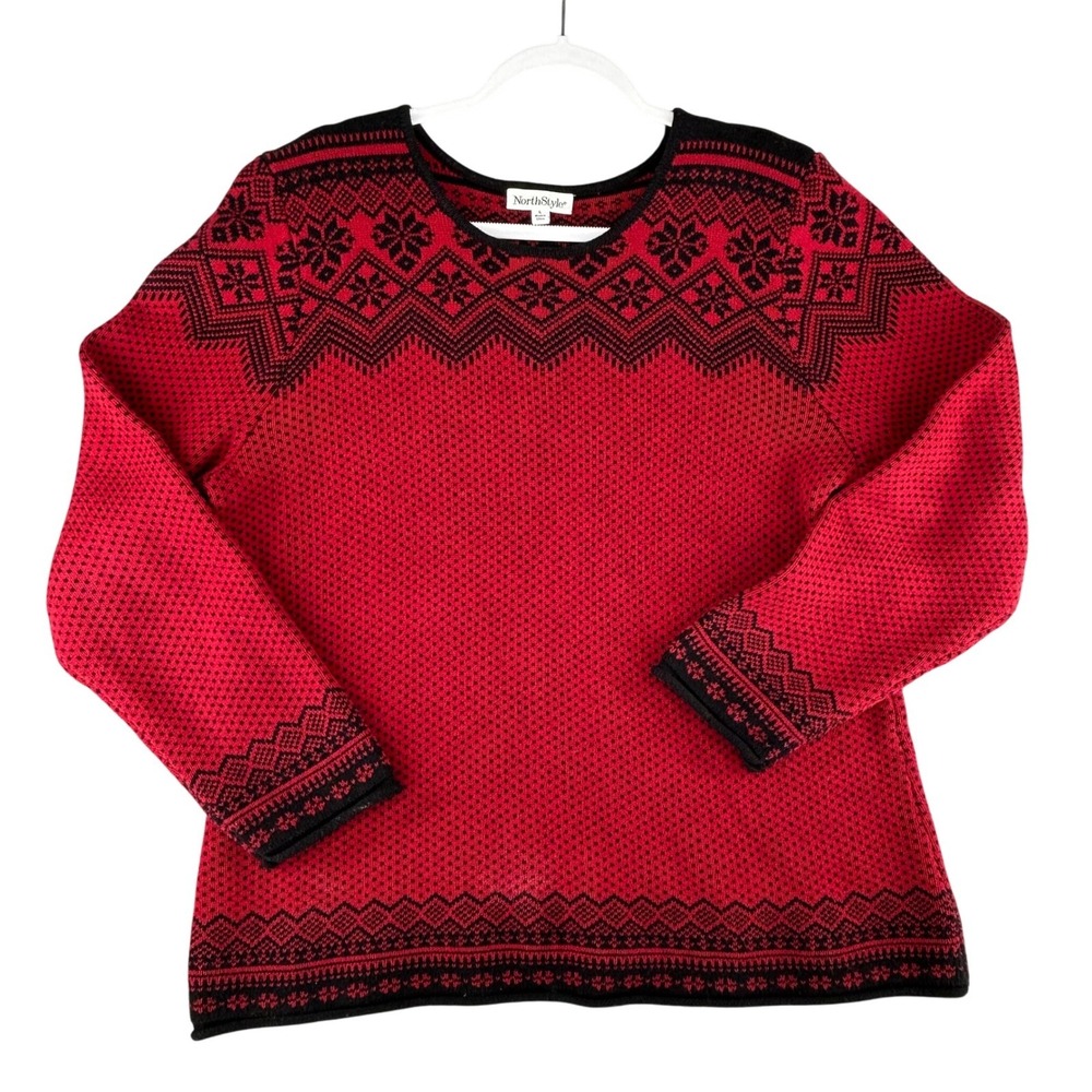 NorthStyle Red‎ Black Fair Isle Knit Nordic Sweater 100% Cotton Womens Large